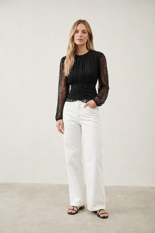 Bluza s čipkastim rukavima – Crna, prikaz 1