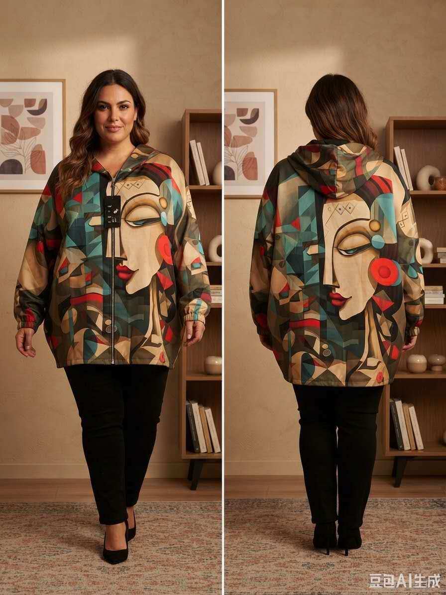 Plus size jakna s umjetničkim printom – Karamel, prikaz 1