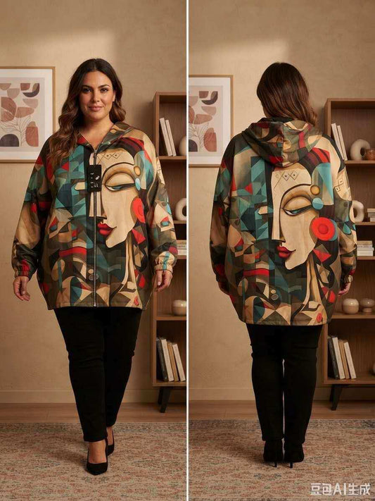 Plus size jakna s umjetničkim printom – Karamel, prikaz 1