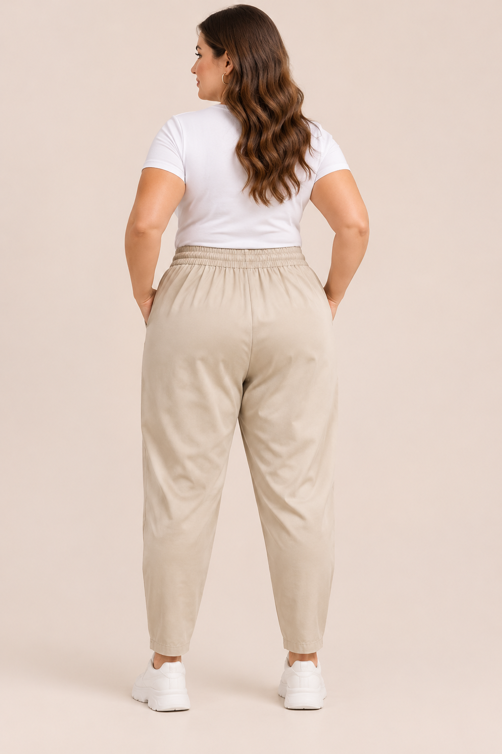 Plus size hlače s elastičnim strukom – Bež, prikaz 2