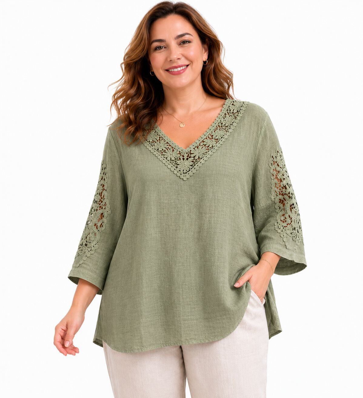 Lanena bluza s ukrasnim rukavima – Zelena, prikaz 2