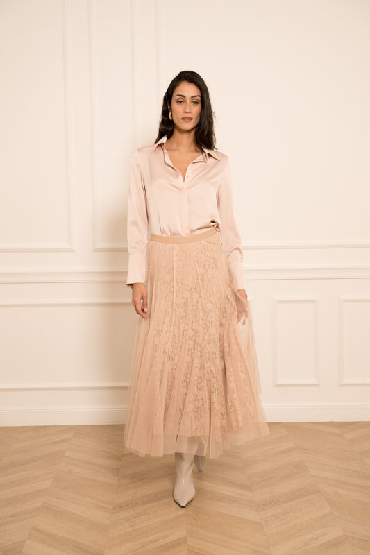 DUGA SUKNJA OD TILA I ČIPKE-TAMNOROZA