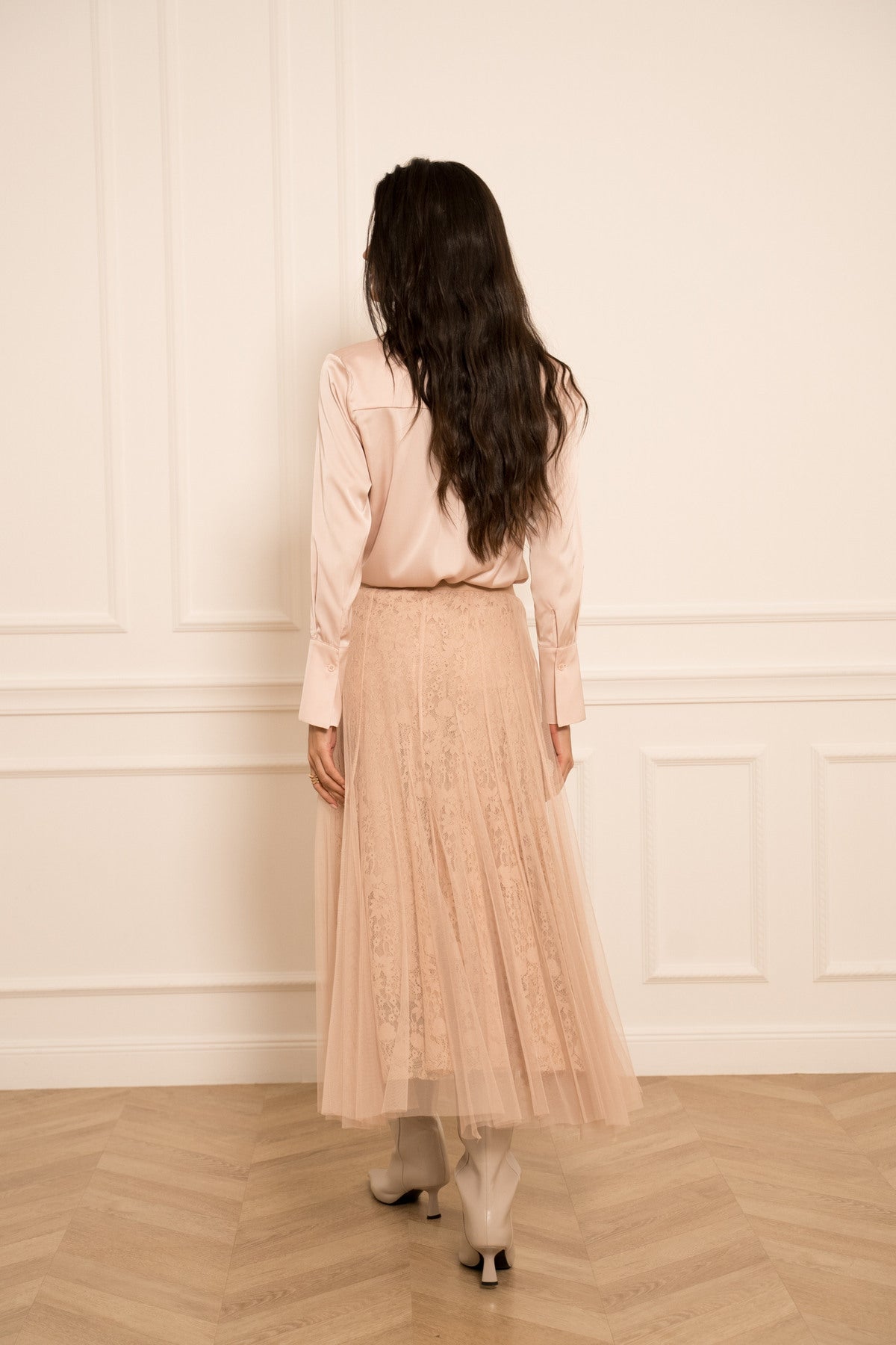 DUGA SUKNJA OD TILA I ČIPKE-TAMNOROZA